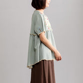 Elegante blusa de algodón puro de moda de talla grande con bordado de manga corta, blusa vaquera informal y holgada.